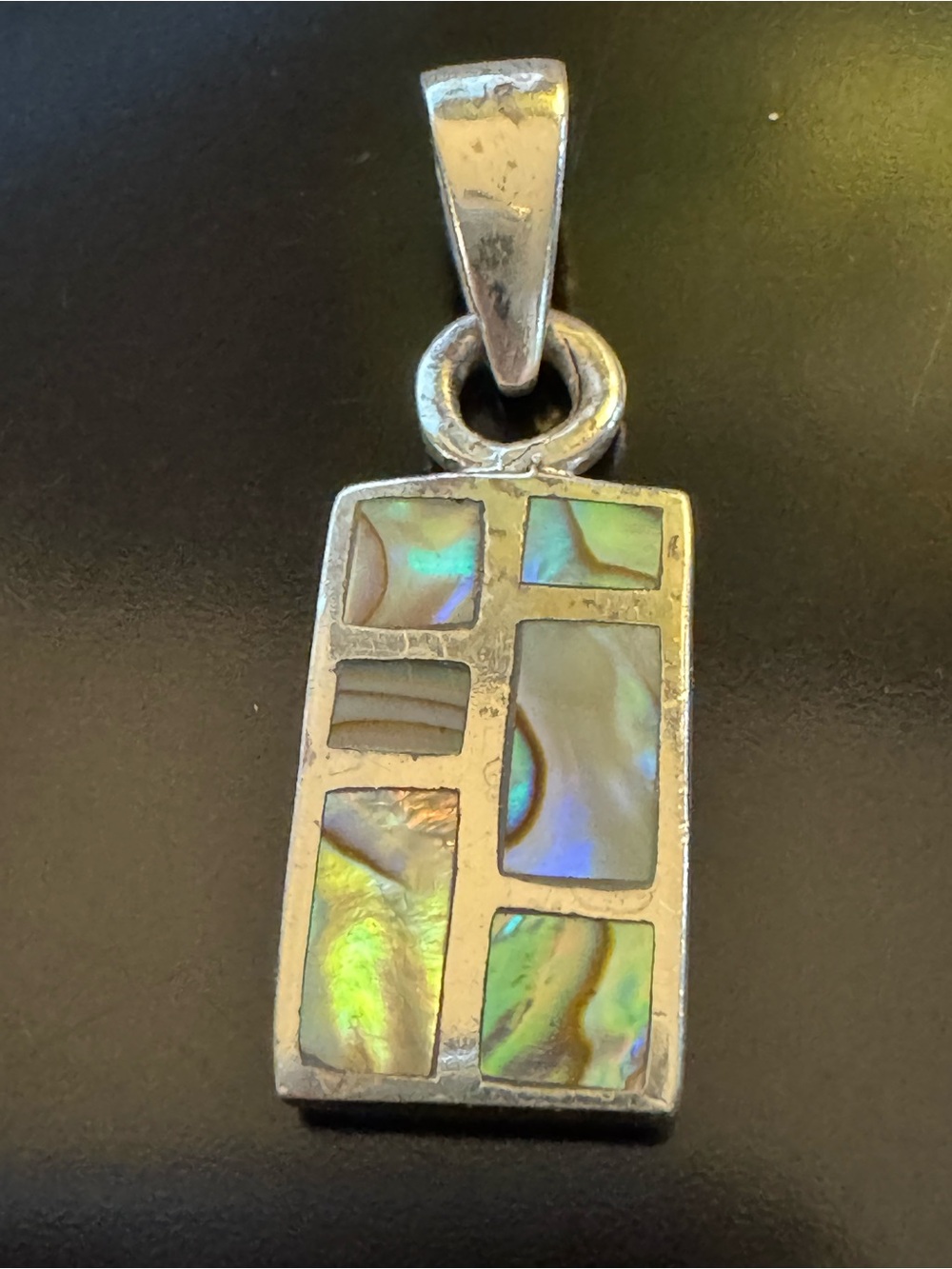 Sterling Silver 925 Iridescent Abalone Shell Geometric Inlay Pendant